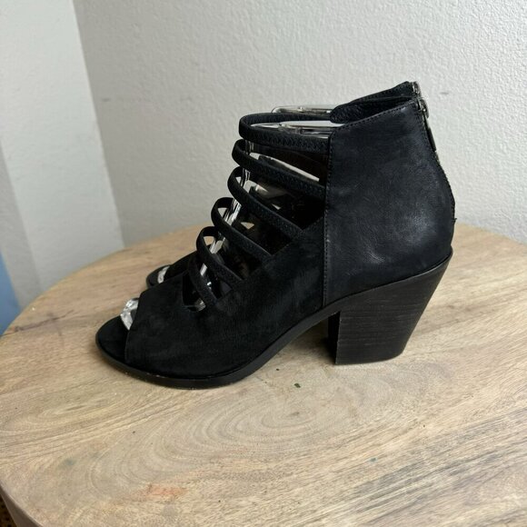Eileen Fisher James Black Suede‎ Heeled Sandals Peep Toe Strappy Back Zip 8.5 - Picture 4 of 11